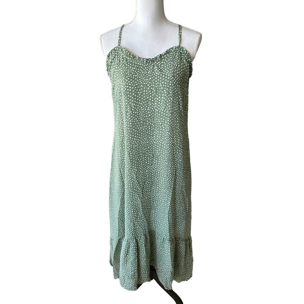 Women Sleeveless‎ Adjustable Back Dress Sage Green White Dot Small Lined